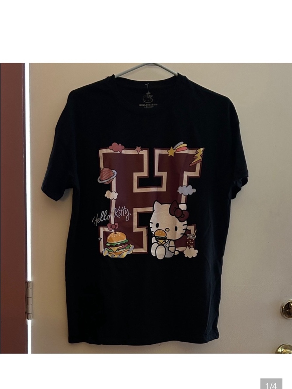 Hello Kitty Black Tee with Maroon Varsity 'H' and Pastel Accents